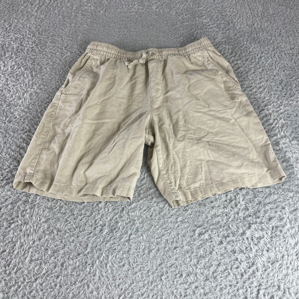 H&M Mens Relaxed Fit Linen Cotton Blend Shorts Beige Drawstring Waist Size Small